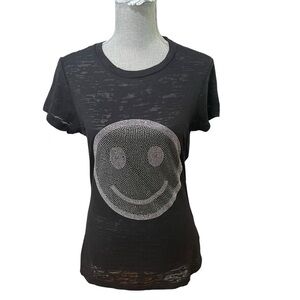 Free Planet Black Smiley Face Rhinestone Graphic Tee L
